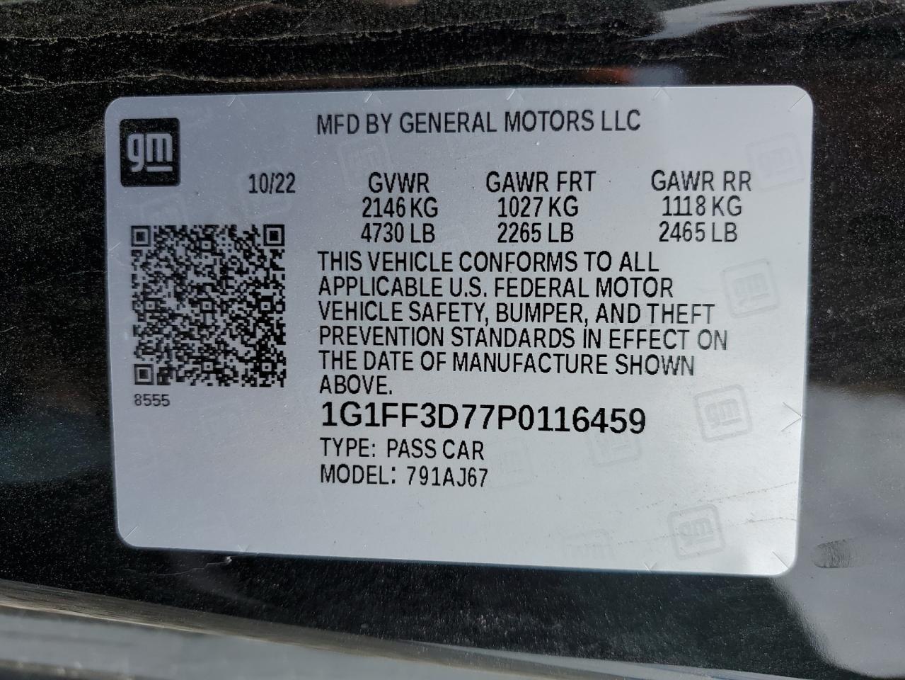 2023 CHEVROLET CAMARO LT1 VIN:1G1FF3D77P0116459