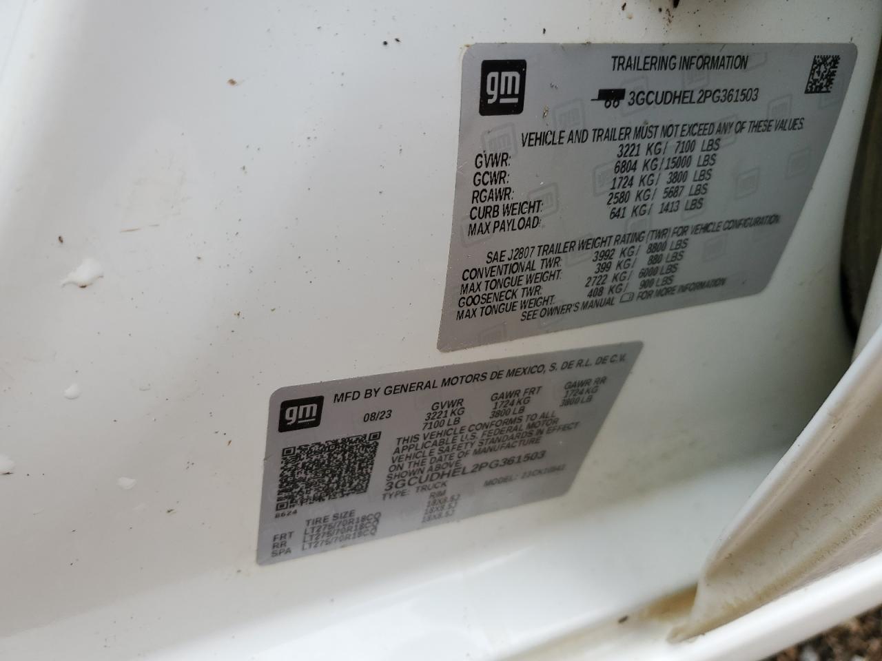 2023 CHEVROLET SILVERADO K1500 ZR2 VIN:3GCUDHEL2PG361503