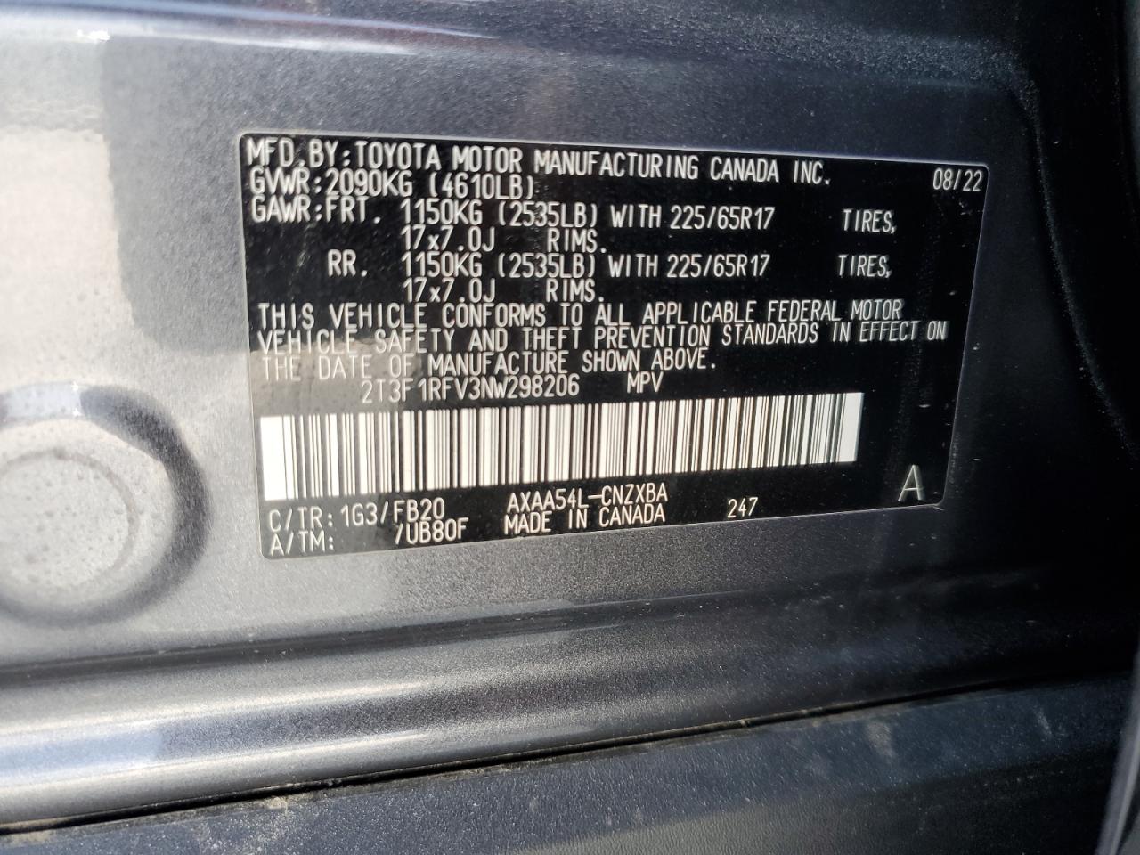 2022 TOYOTA RAV4 LE VIN:2T3F1RFV3NW298206