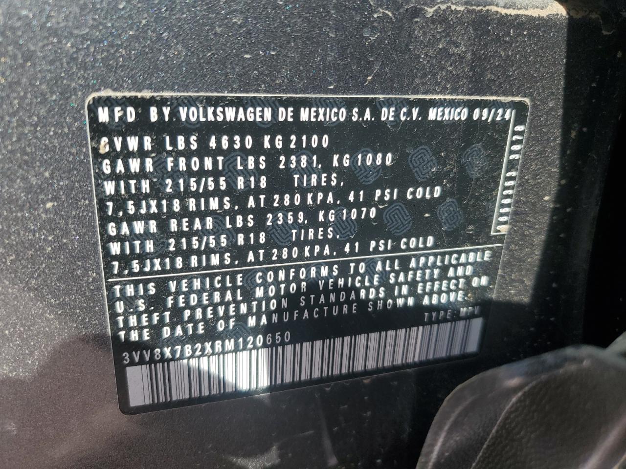 2024 VOLKSWAGEN TAOS S VIN:3VV8X7B2XRM120650