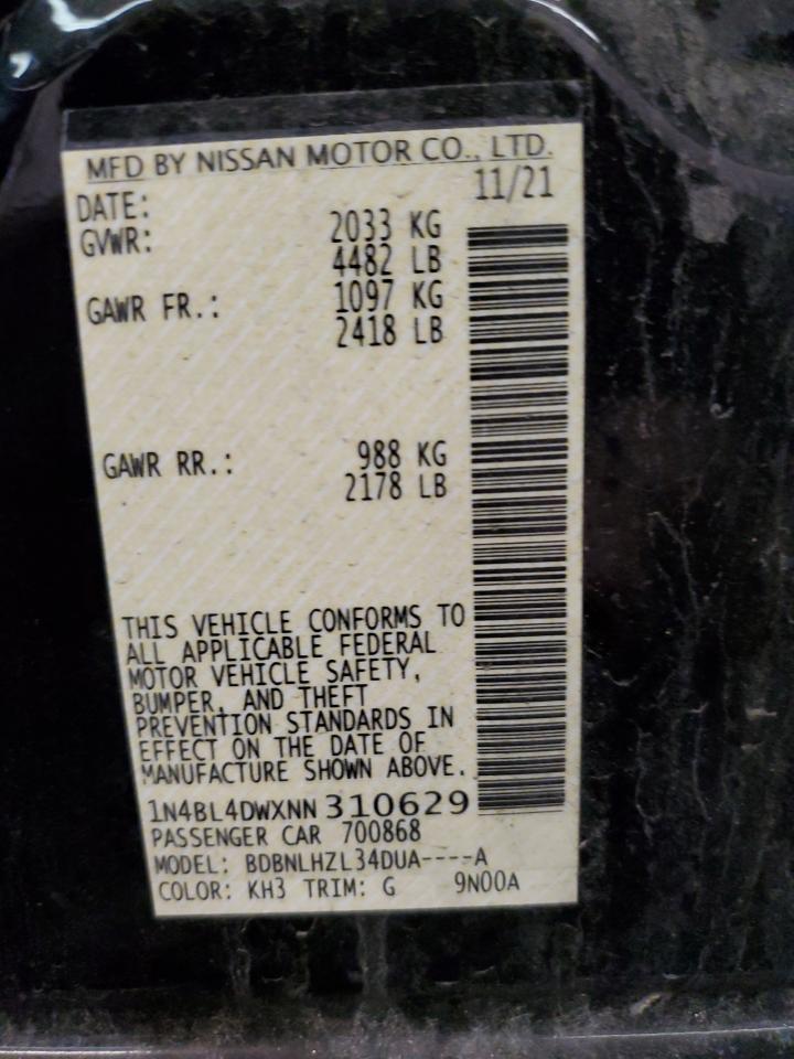 2022 NISSAN ALTIMA SV VIN:1N4BL4DWXNN310629