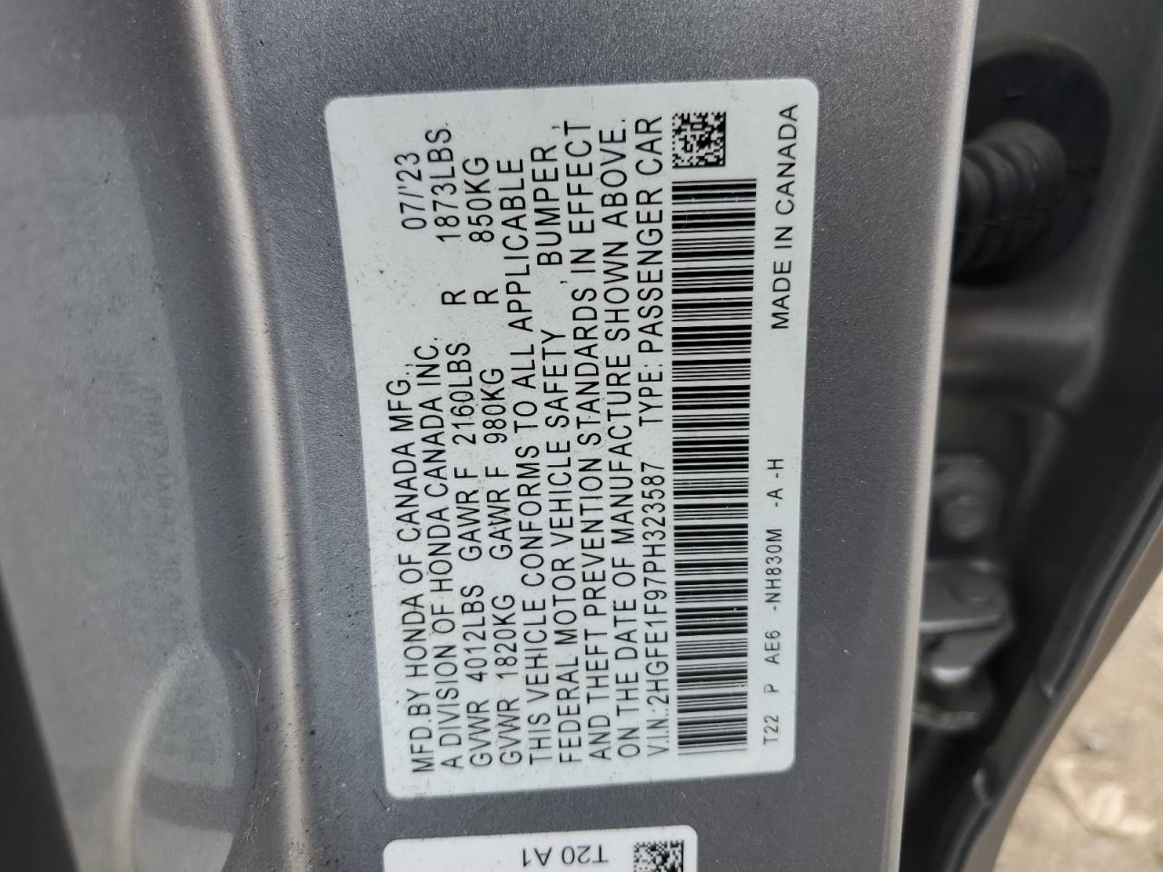 2023 HONDA CIVIC TOURING VIN:2HGFE1F97PH323587