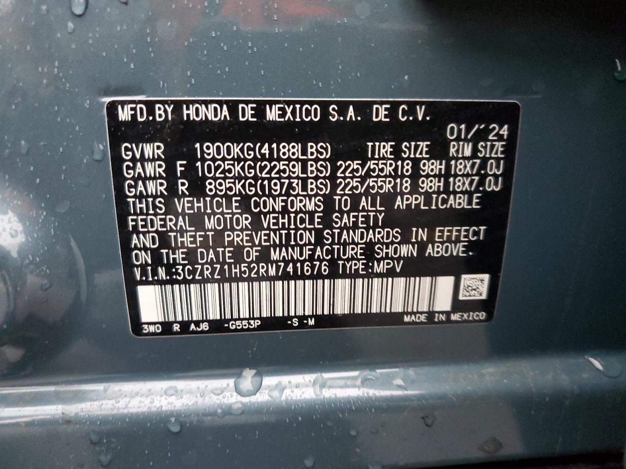 2024 HONDA HR-V SPORT VIN:3CZRZ1H52RM741676