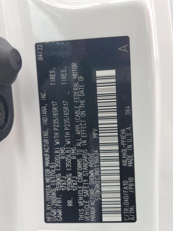 2022 TOYOTA SIENNA LE VIN:5TDKRKEC3NS116634