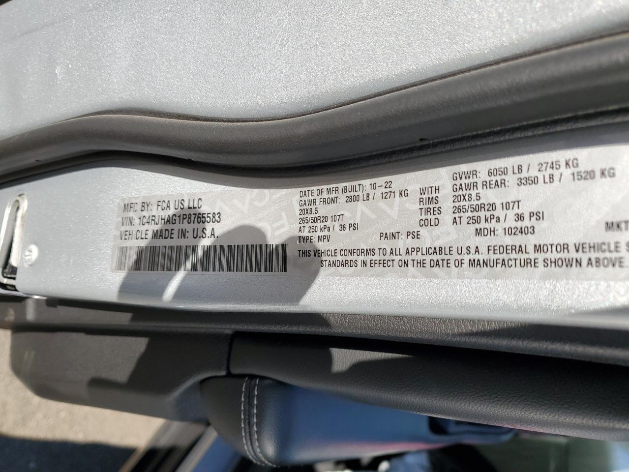 2023 JEEP GRAND CHEROKEE LAREDO VIN:1C4RJHAG1P8765583