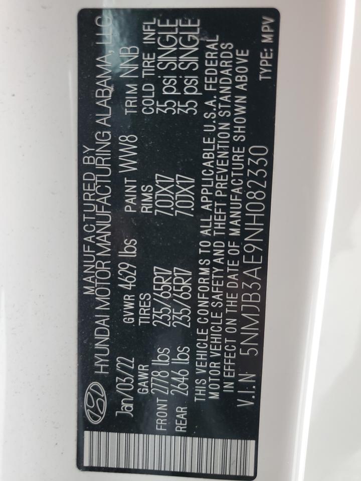 2022 HYUNDAI TUCSON SEL VIN:5NMJB3AE9NH082330
