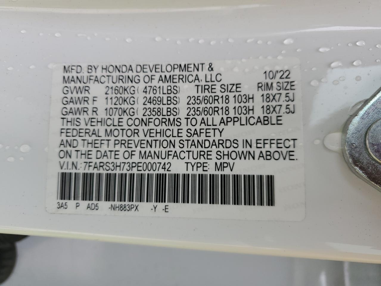 2023 HONDA CR-V EXL VIN:7FARS3H73PE000742