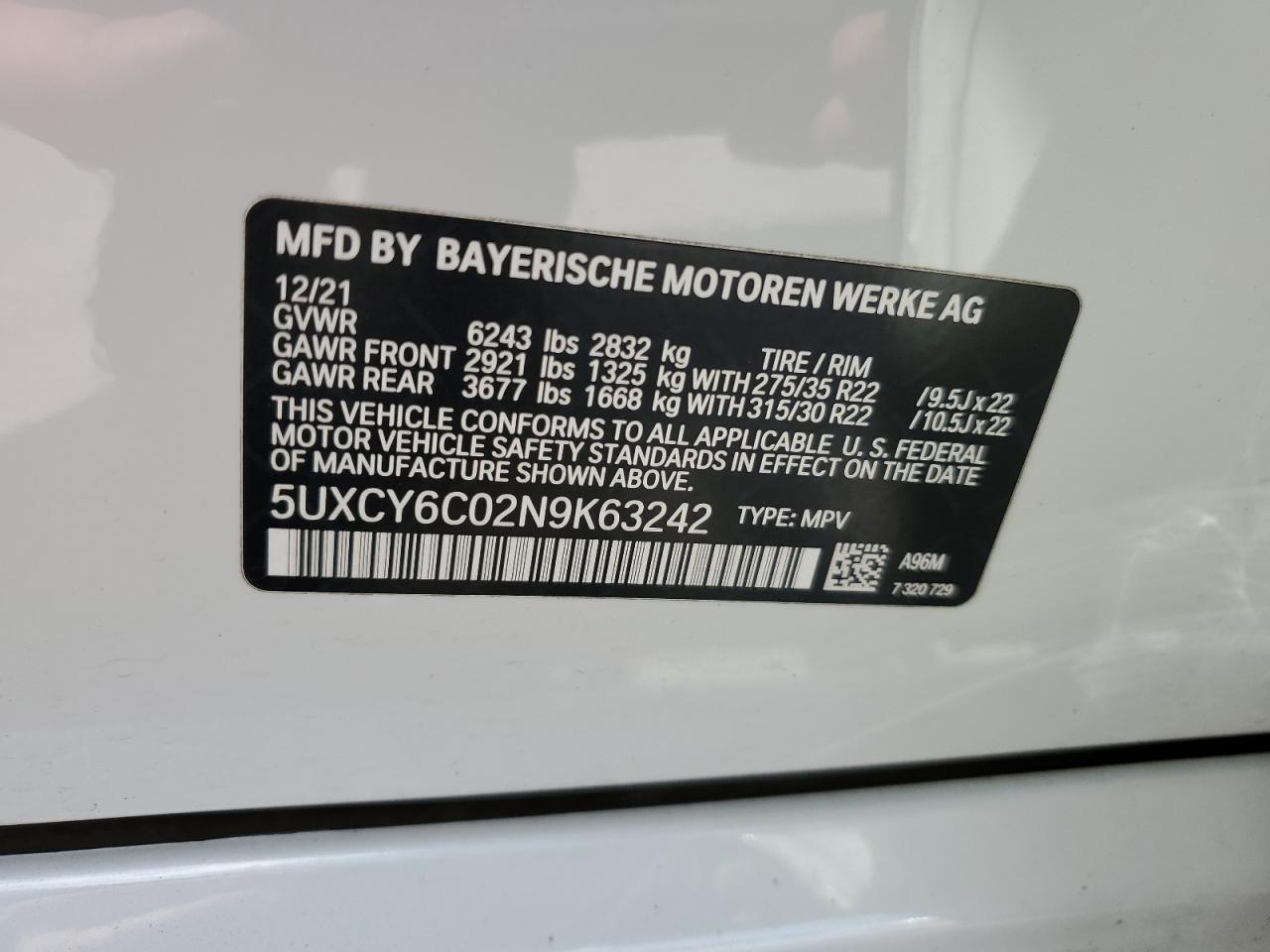 2022 BMW X6 XDRIVE40I VIN:5UXCY6C02N9K63242