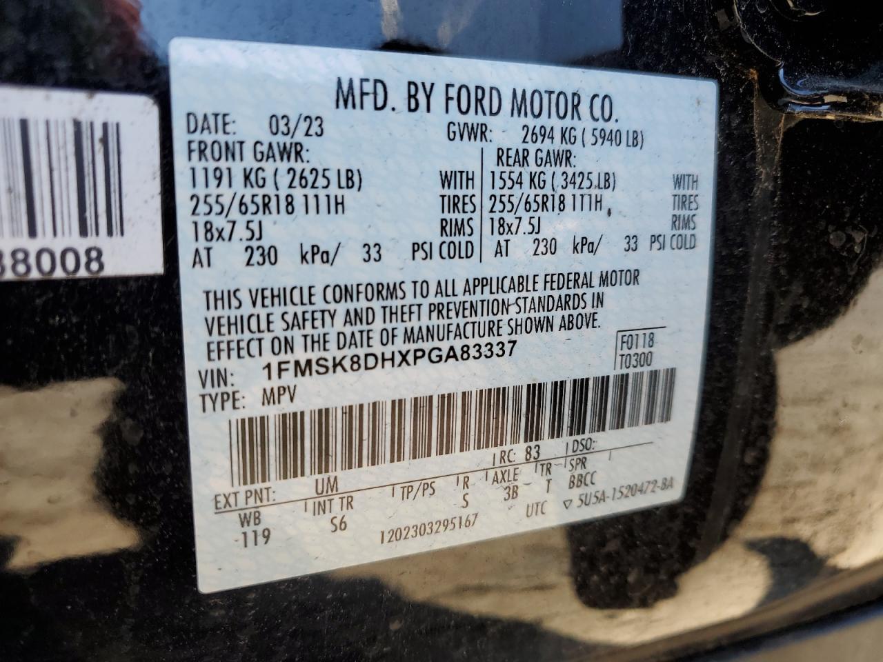 2023 FORD EXPLORER XLT VIN:1FMSK8DHXPGA83337