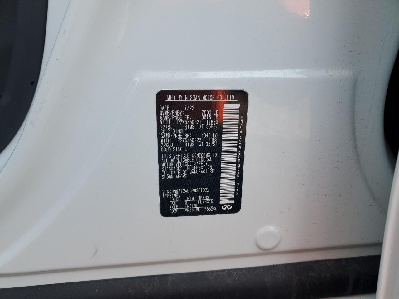 2023 INFINITI QX80 LUXE VIN:JN8AZ2AE9P9301022