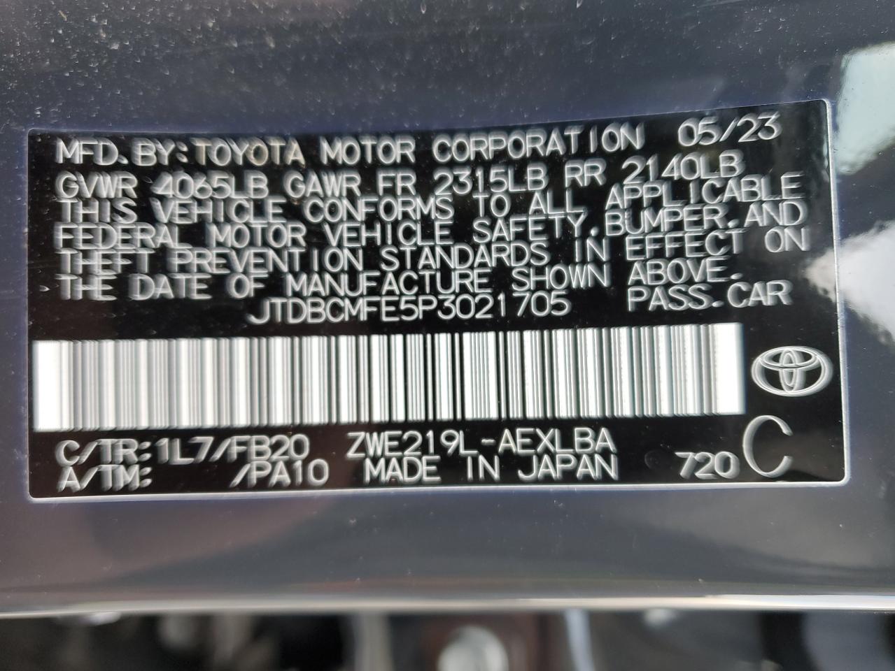 2023 TOYOTA COROLLA LE VIN:JTDBCMFE5P3021705