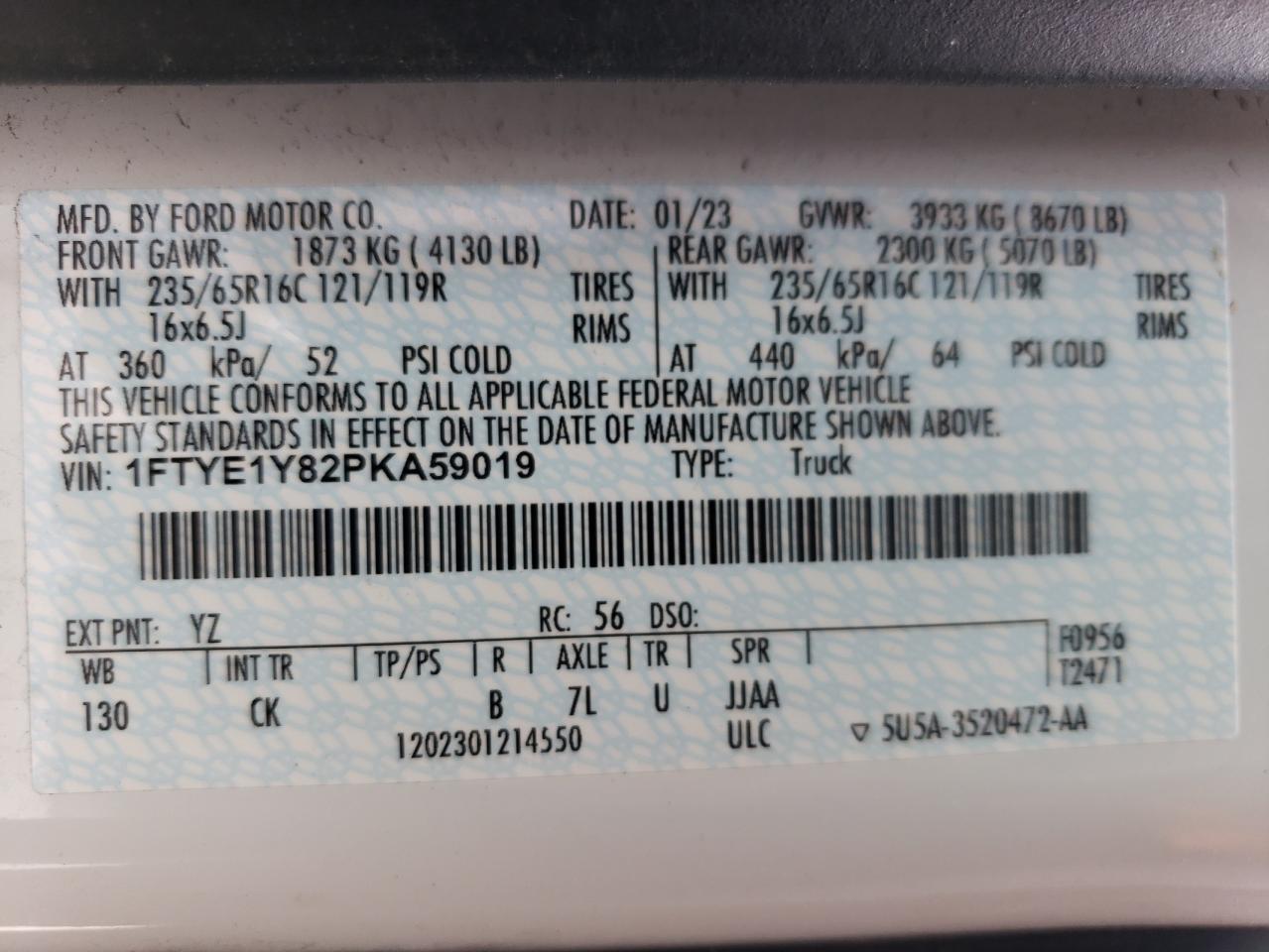 2023 FORD TRANSIT T-150 VIN:1FTYE1Y82PKA59019