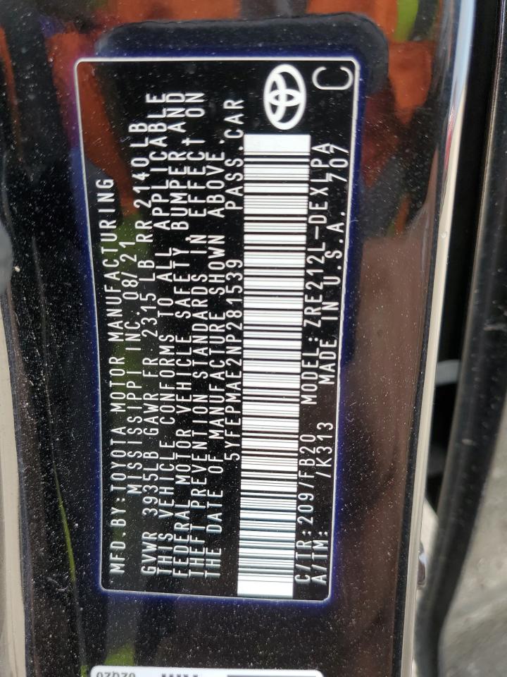 2022 TOYOTA COROLLA LE VIN:5YFEPMAE2NP281539