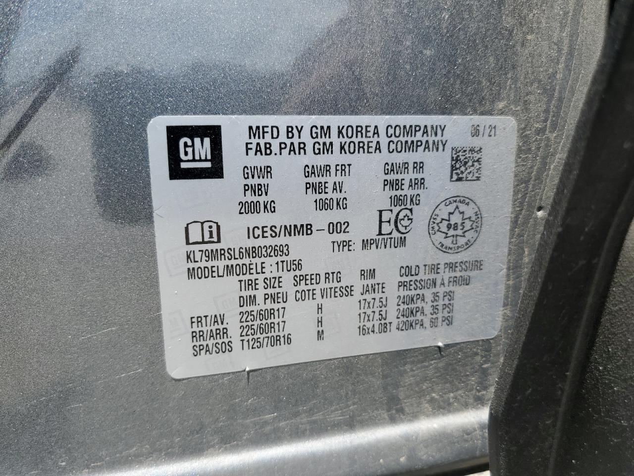 2022 CHEVROLET TRAILBLAZER LT VIN:KL79MRSL6NB032693