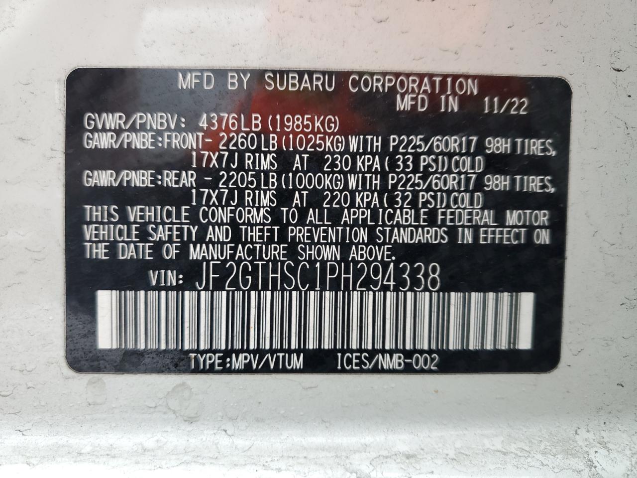 2023 SUBARU CROSSTREK SPORT VIN:JF2GTHSC1PH294338