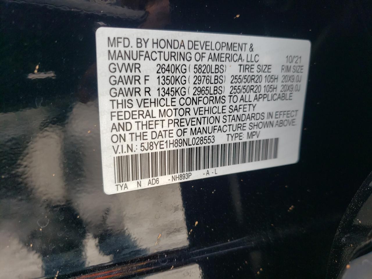 2022 ACURA MDX ADVANCE VIN:5J8YE1H89NL028553