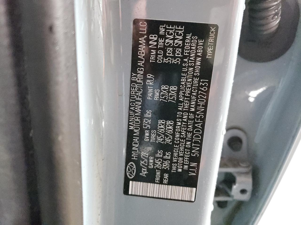 2022 HYUNDAI SANTA CRUZ SEL PREMIUM VIN:5NTJDDAF5NH027631