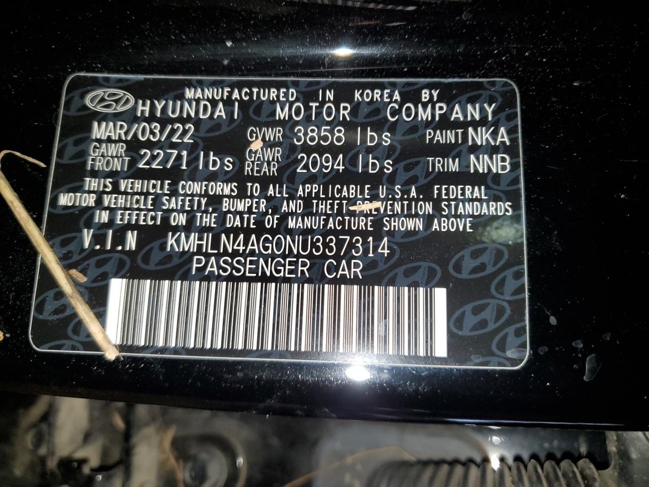 2022 HYUNDAI ELANTRA SEL VIN:KMHLN4AG0NU337314