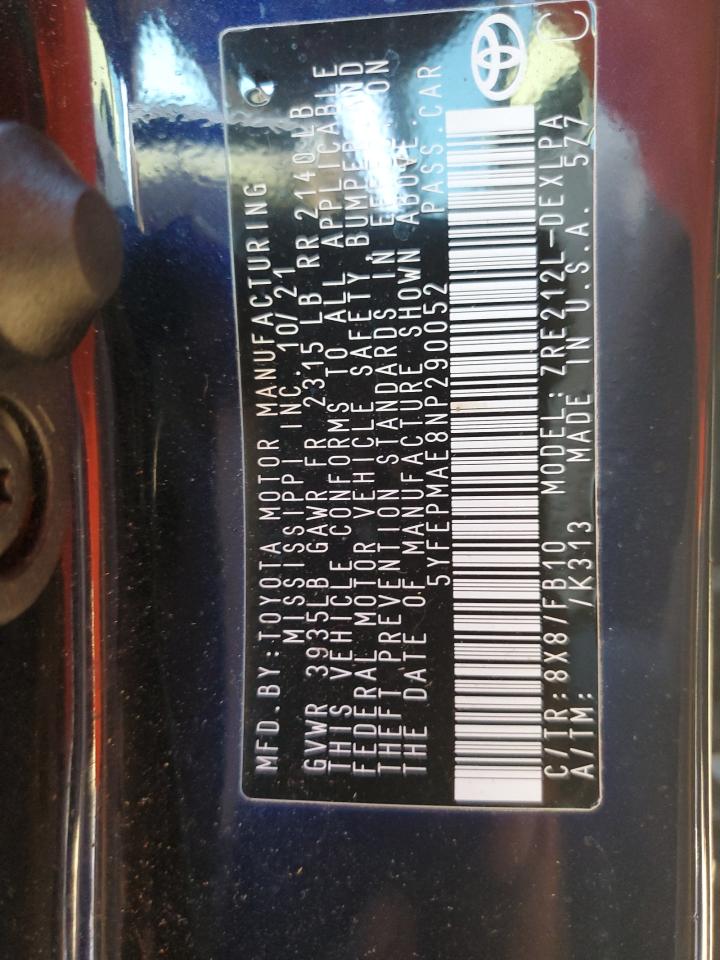 2022 TOYOTA COROLLA LE VIN:5YFEPMAE8NP290052