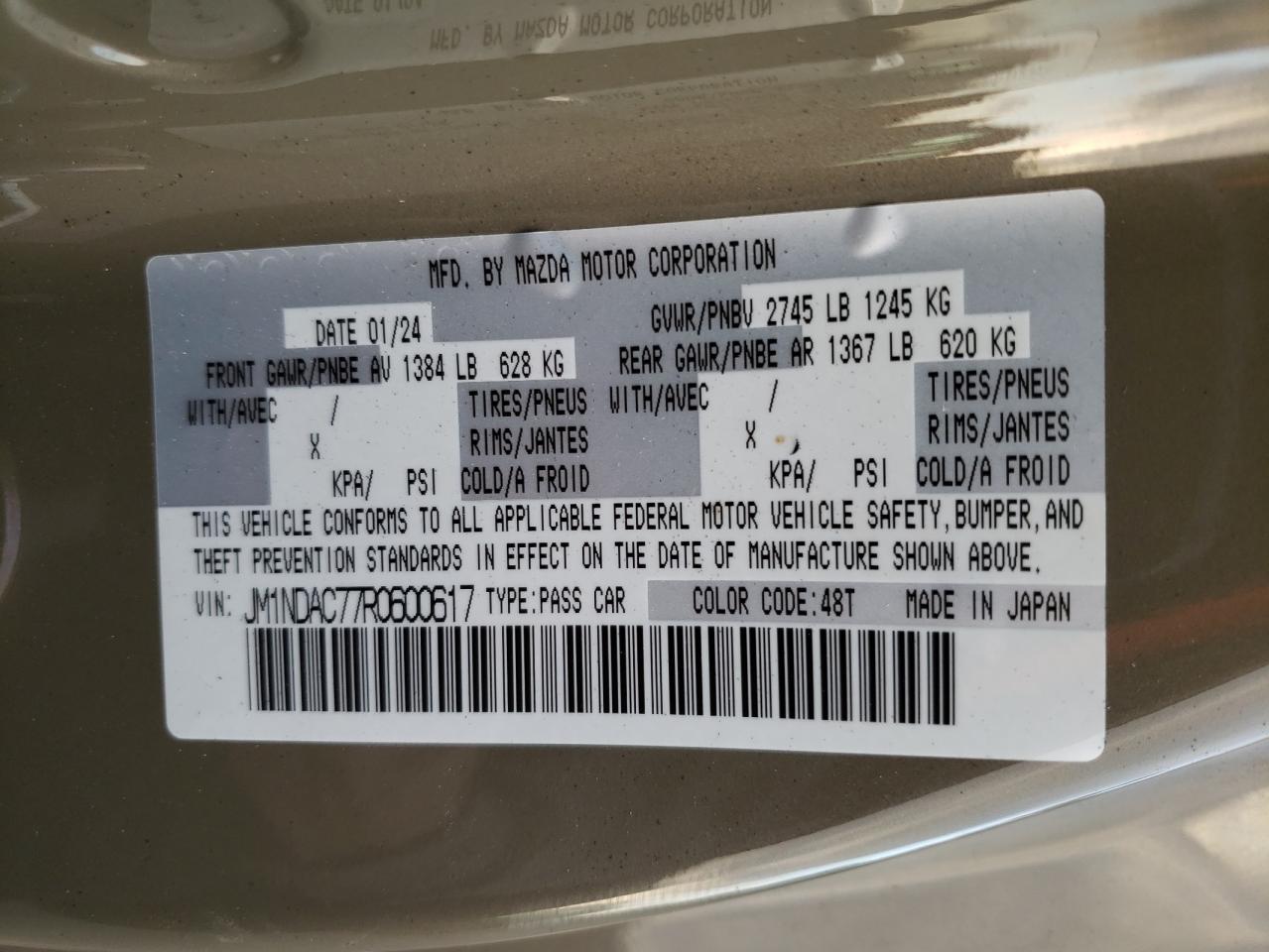 2024 MAZDA MX-5 MIATA CLUB VIN:JM1NDAC77R0600617
