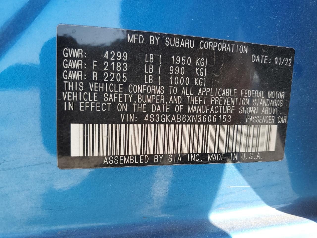 2022 SUBARU IMPREZA  VIN:4S3GKAB6XN3606153