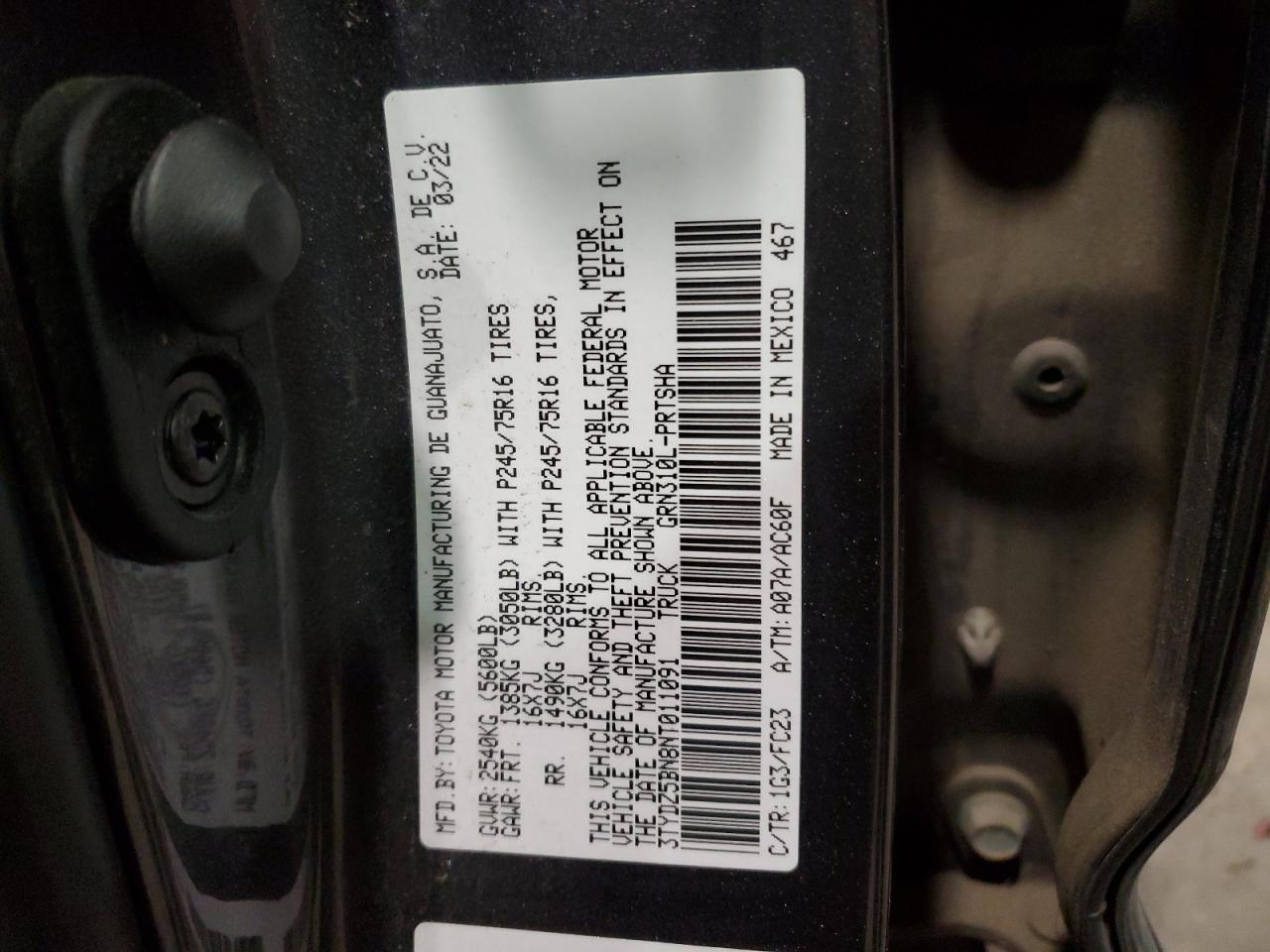 2022 TOYOTA TACOMA DOUBLE CAB VIN:3TYDZ5BN8NT011091