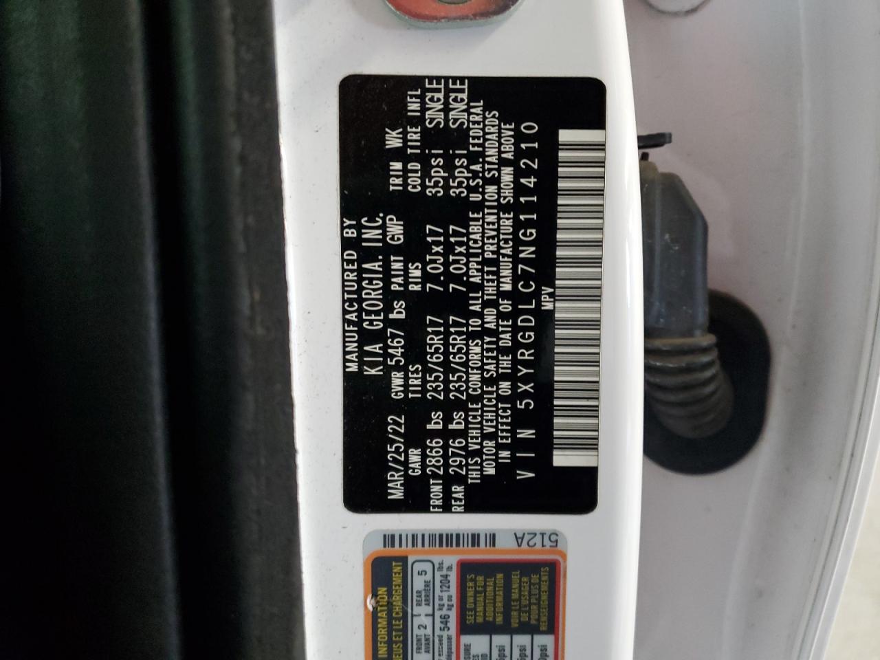 2022 KIA SORENTO LX VIN:5XYRGDLC7NG114210