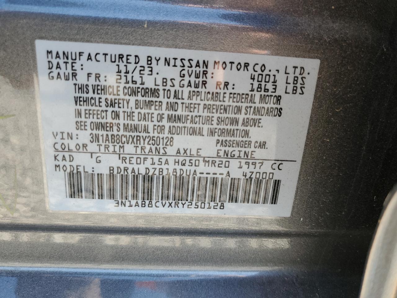 2024 NISSAN SENTRA SV VIN:3N1AB8CVXRY250128