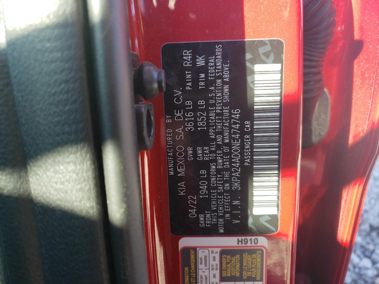 2022 KIA RIO LX VIN:3KPA24AD0NE474746