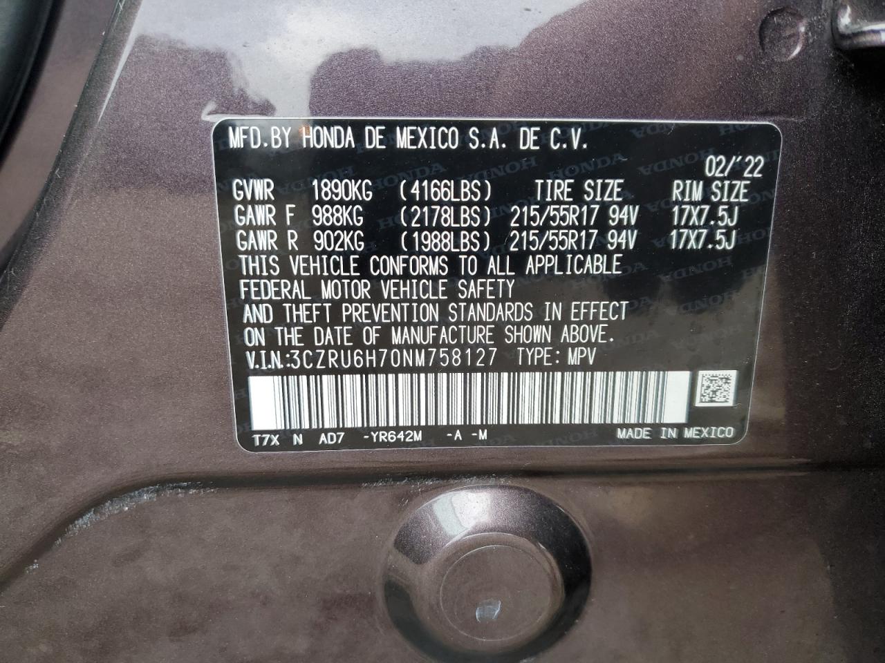 2022 HONDA HR-V EXL VIN:3CZRU6H70NM758127