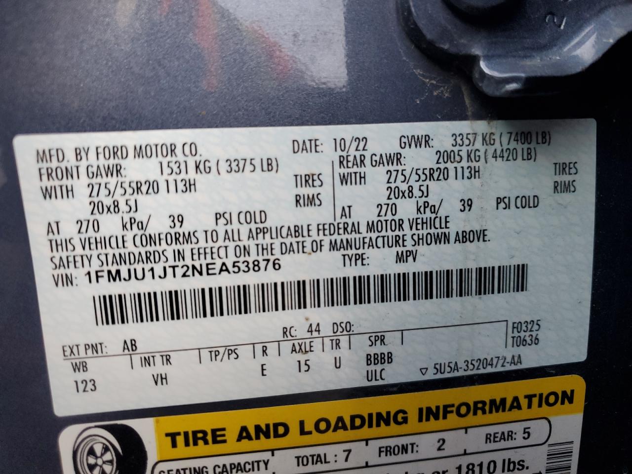 2022 FORD EXPEDITION XLT VIN:1FMJU1JT2NEA53876