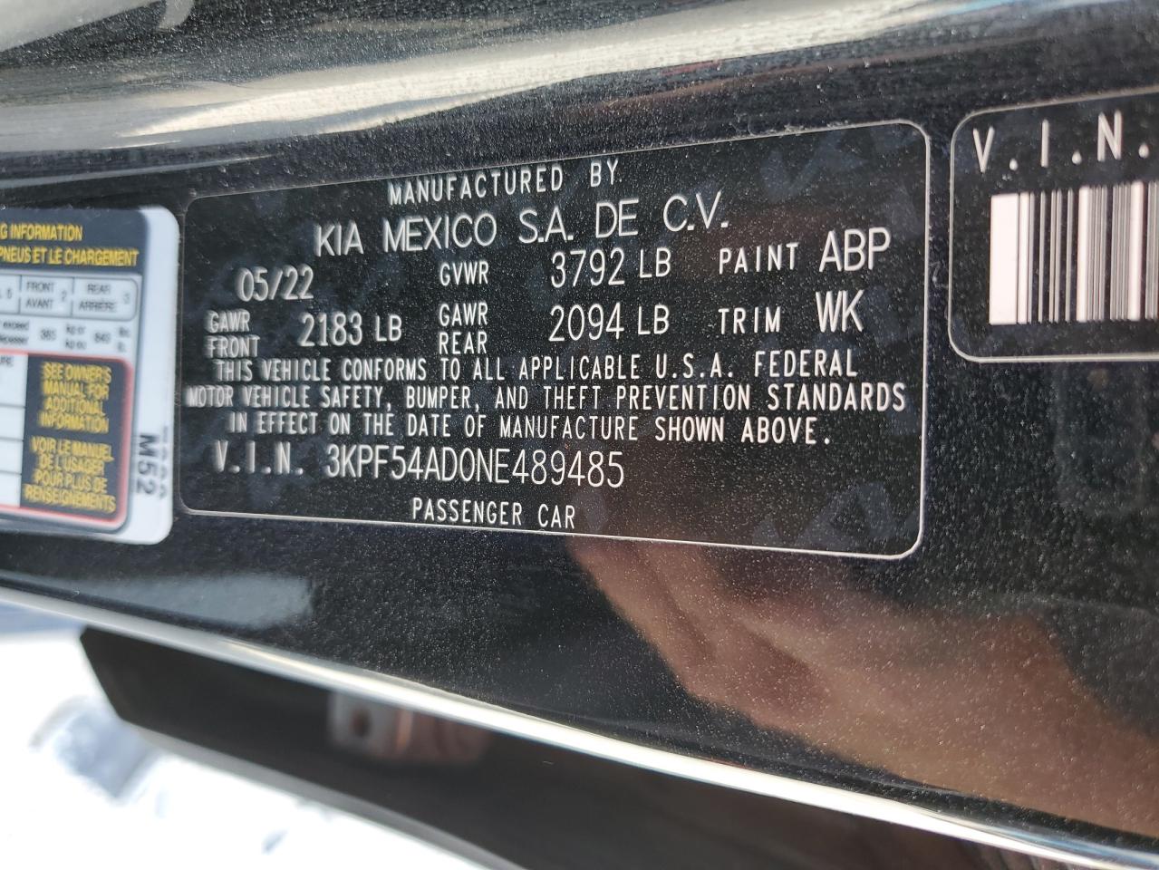 2022 KIA FORTE GT LINE VIN:3KPF54AD0NE489485