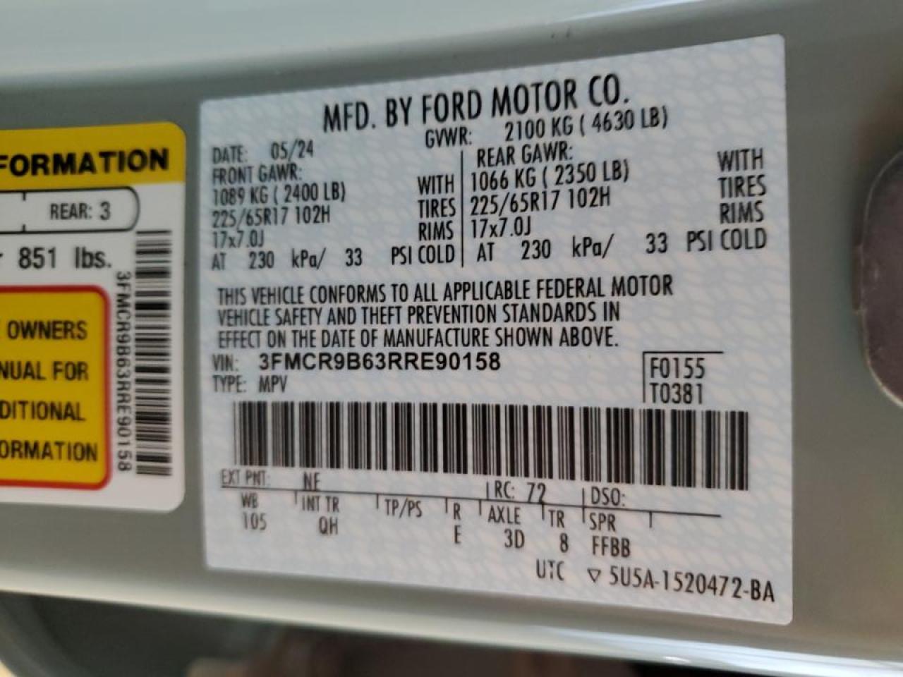 2024 FORD BRONCO SPORT BIG BEND VIN:3FMCR9B63RRE90158