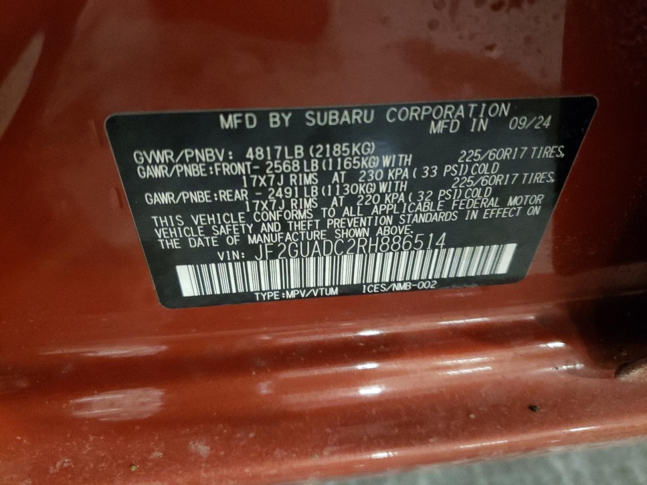 2024 SUBARU CROSSTREK PREMIUM VIN:JF2GUADC2RH886514