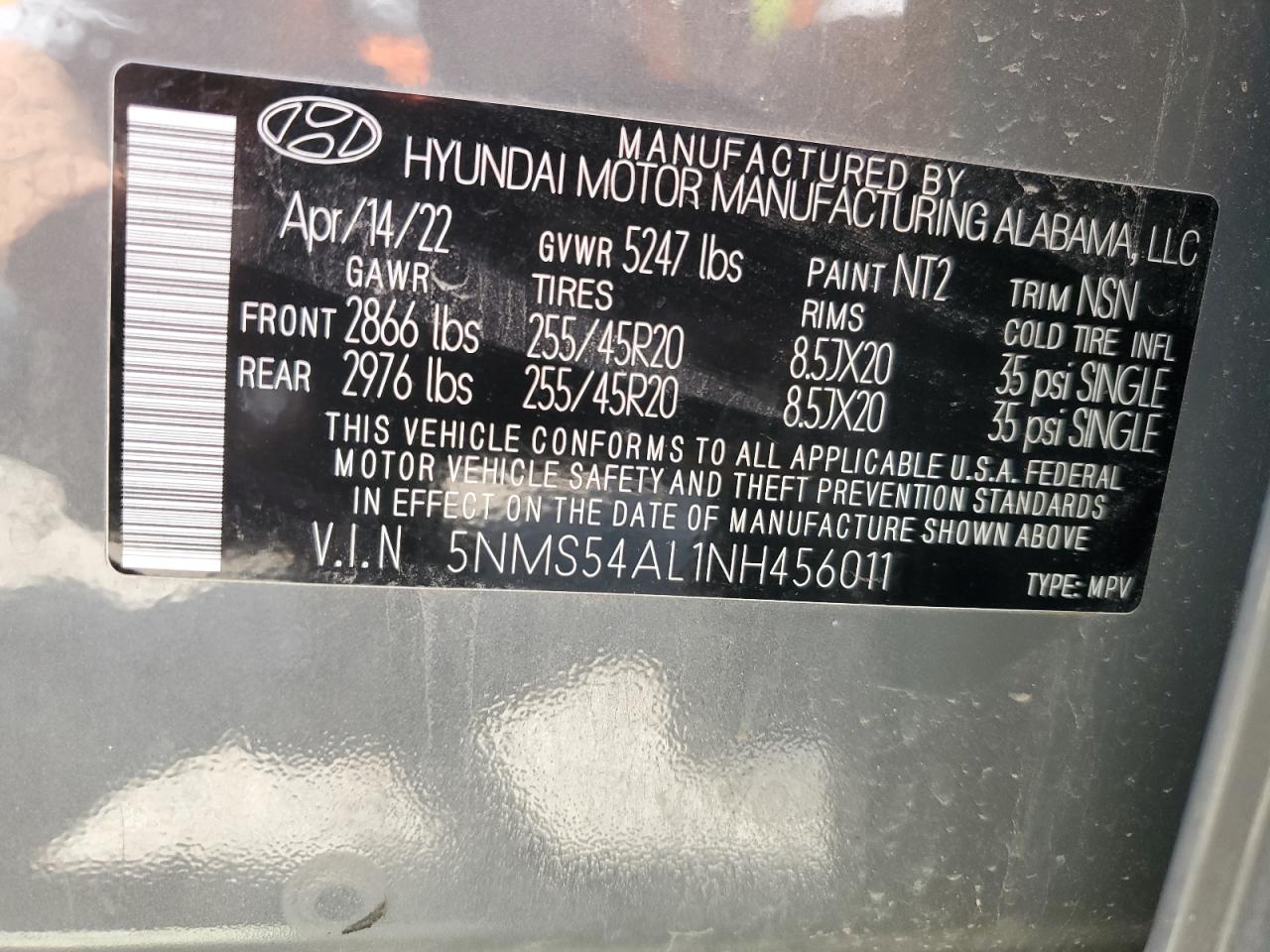 2022 HYUNDAI SANTA FE CALLIGRAPHY VIN:5NMS54AL1NH456011