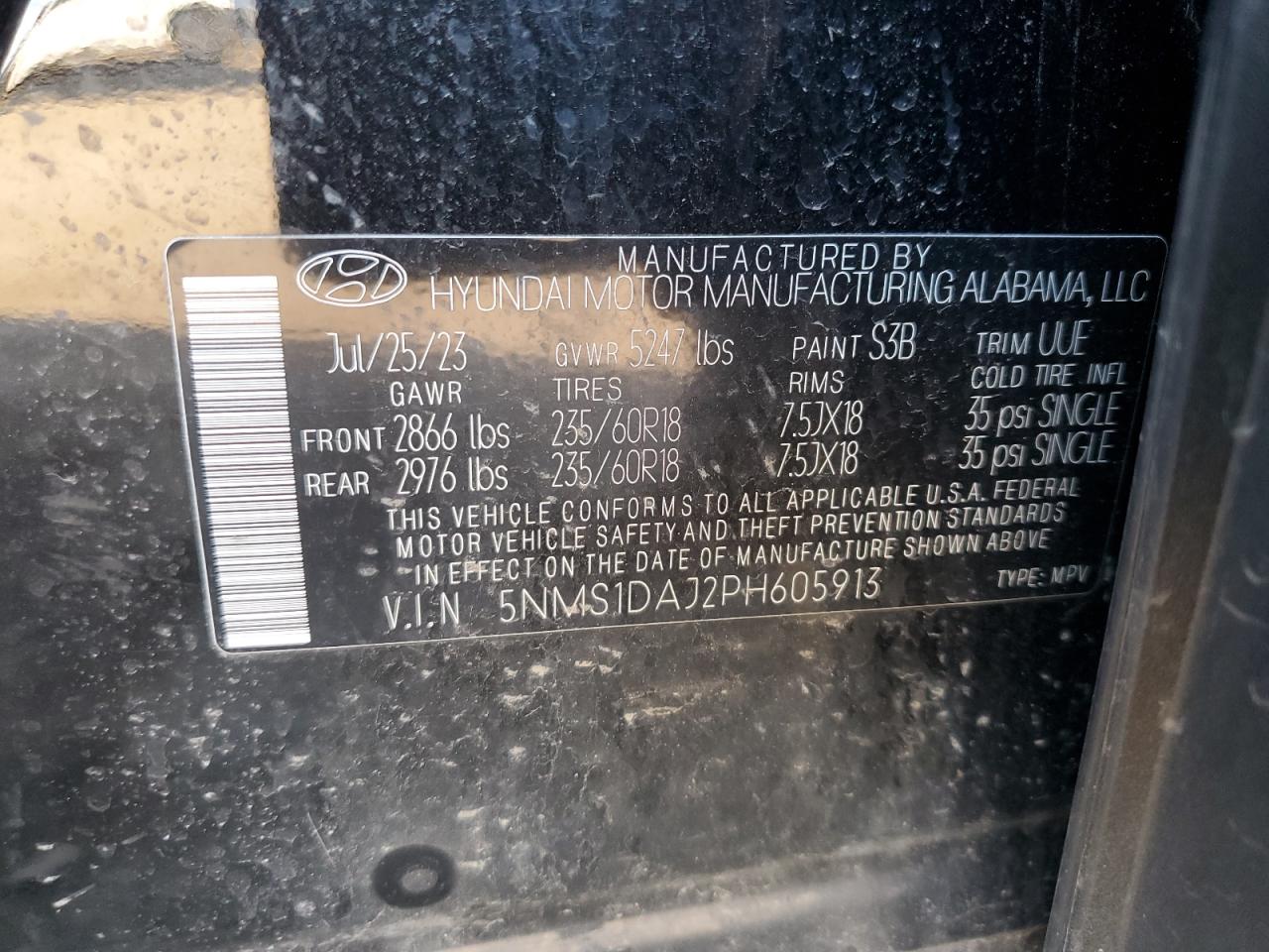 2023 HYUNDAI SANTA FE SE VIN:5NMS1DAJ2PH605913