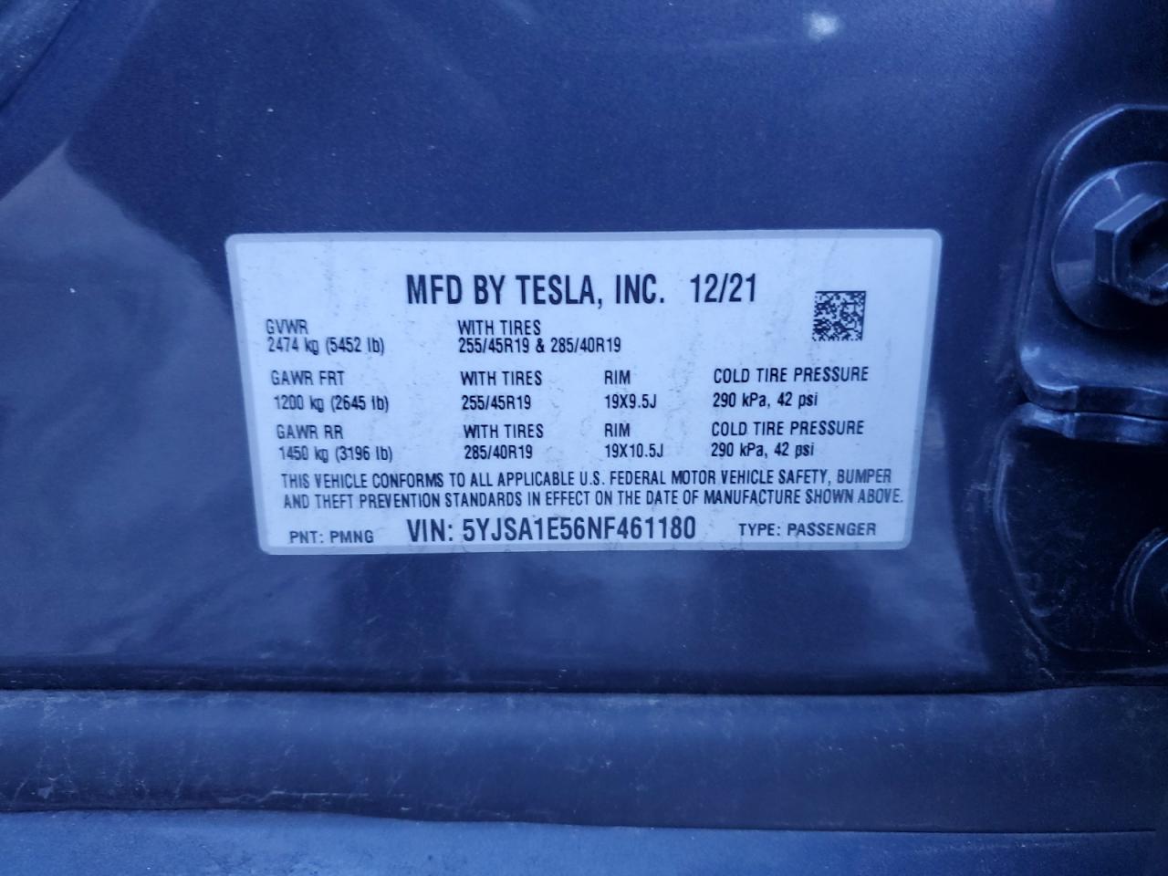 2022 TESLA MODEL S  VIN:5YJSA1E56NF461180