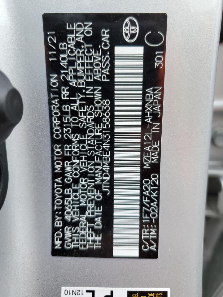 2022 TOYOTA COROLLA SE VIN:JTND4MBE4N3158638