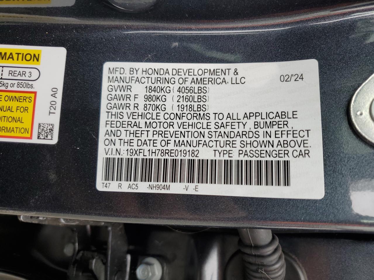 2024 HONDA CIVIC EXL VIN:19XFL1H78RE019182