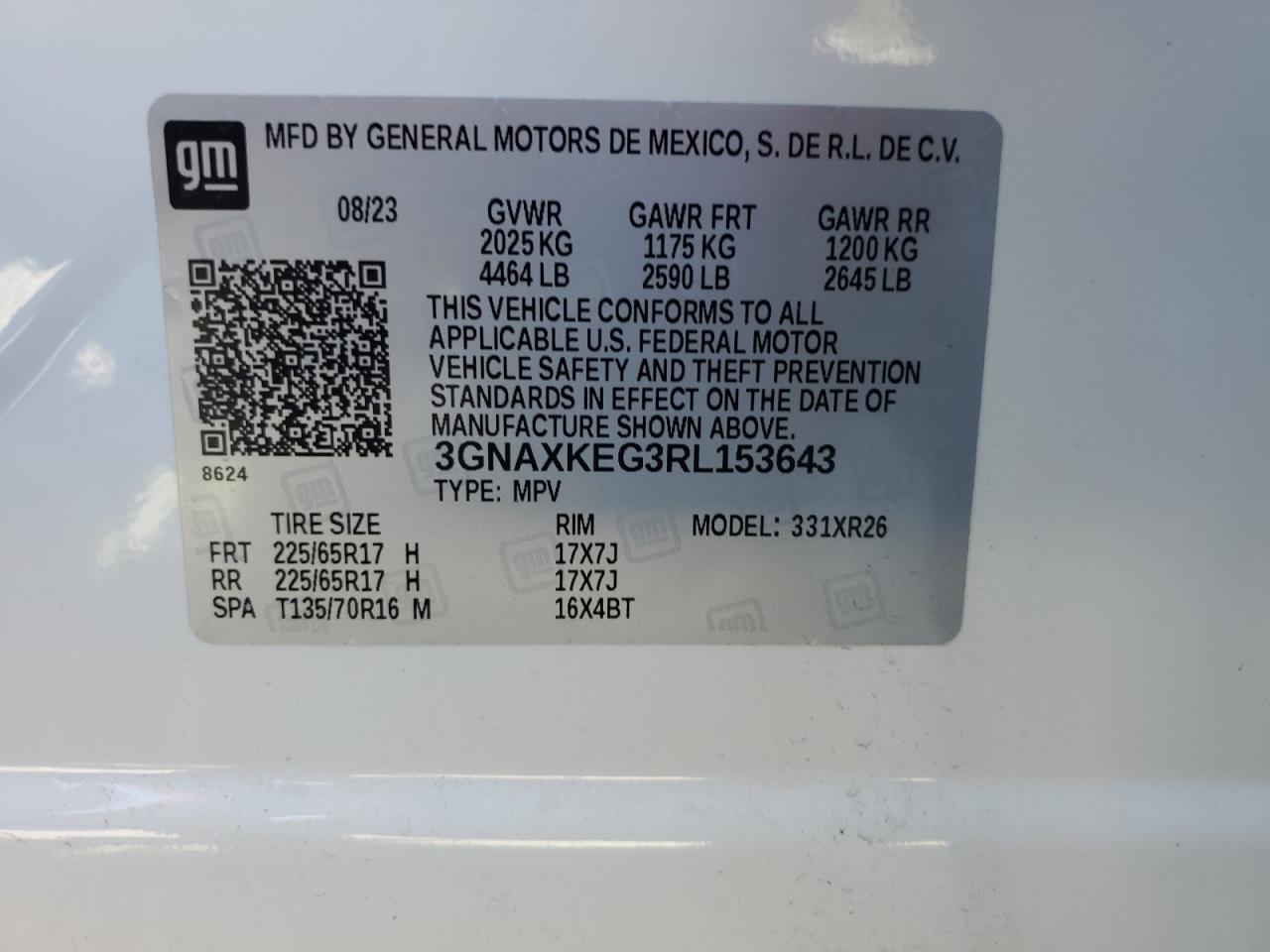 2024 CHEVROLET EQUINOX LT VIN:3GNAXKEG3RL153643