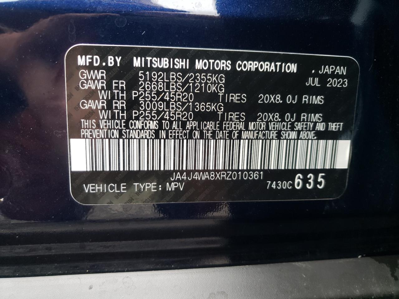 2024 MITSUBISHI OUTLANDER SEL VIN:JA4J4WA8XRZ010361