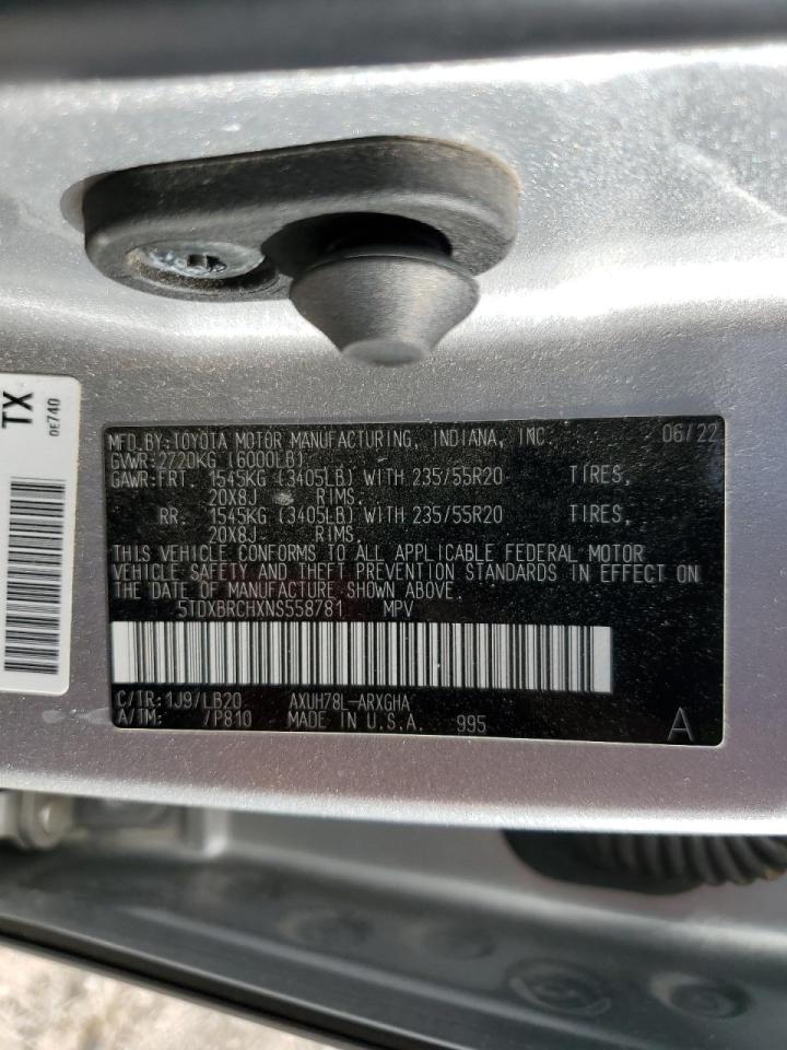 2022 TOYOTA HIGHLANDER HYBRID LIMITED VIN:5TDXBRCHXNS558781