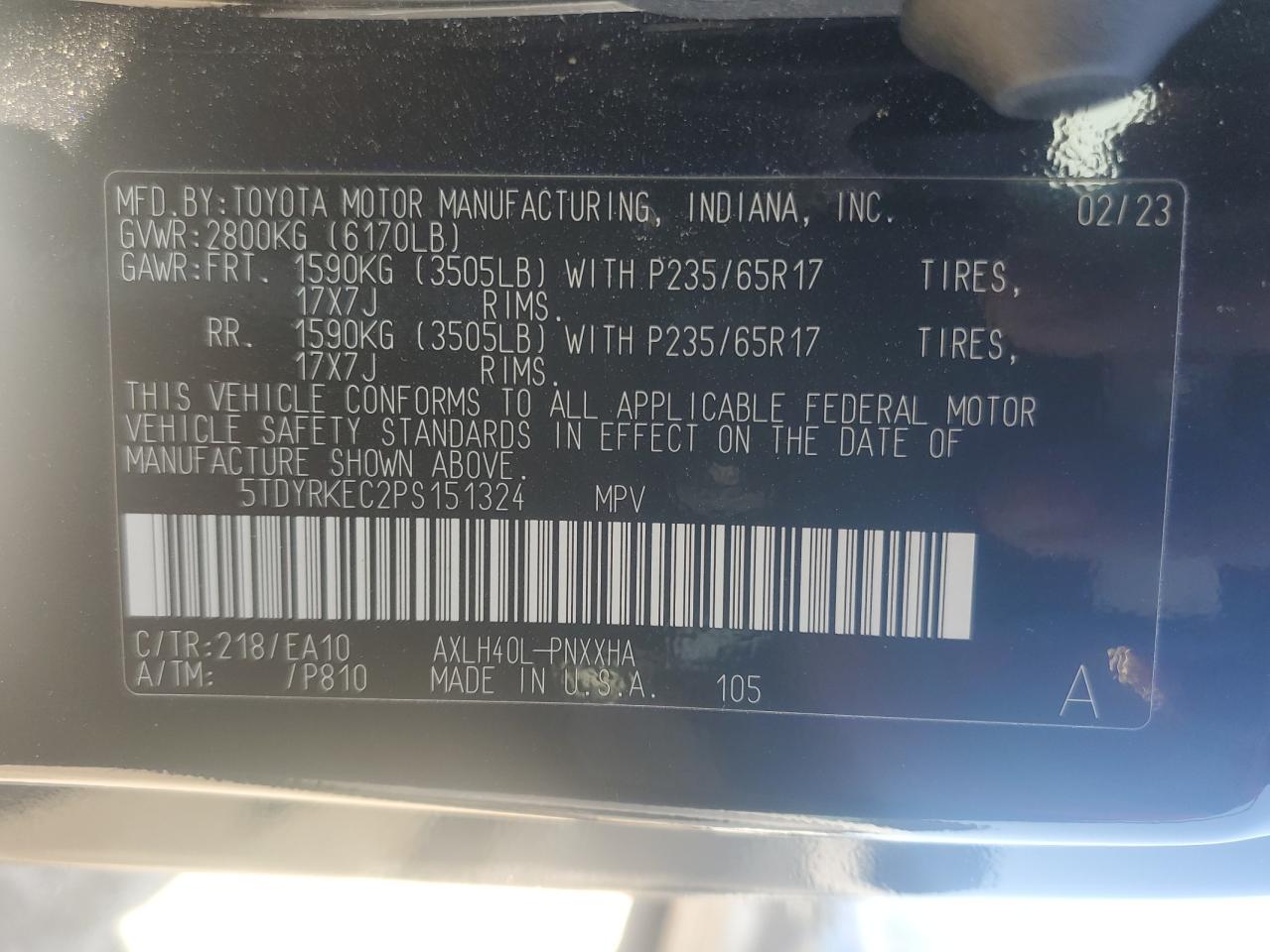 2023 TOYOTA SIENNA XLE VIN:5TDYRKEC2PS151324