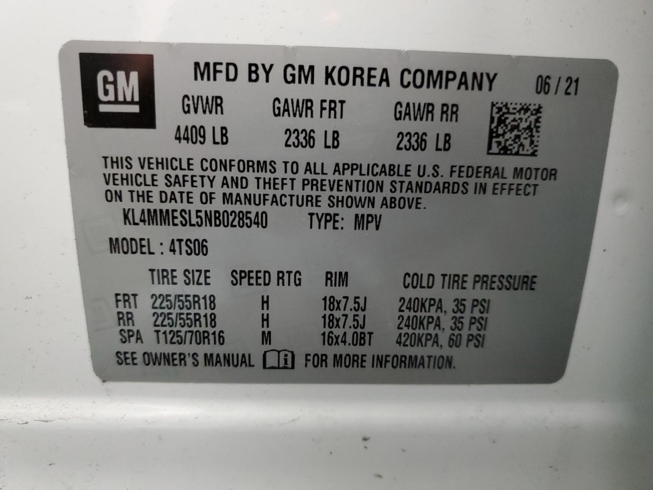 2022 BUICK ENCORE GX SELECT VIN:KL4MMESL5NB028540