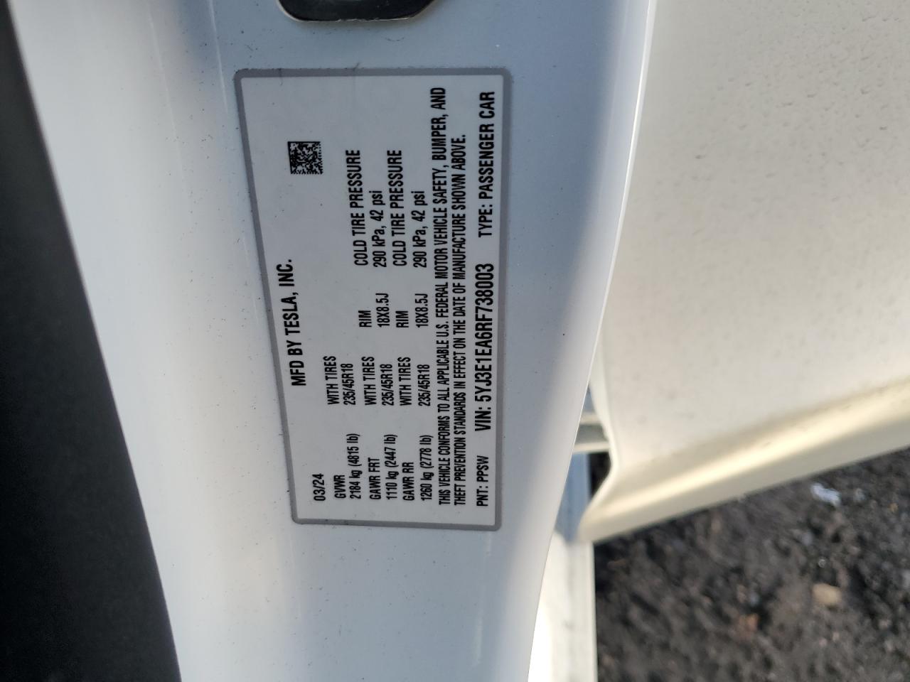 2024 TESLA MODEL 3  VIN:5YJ3E1EA6RF738003
