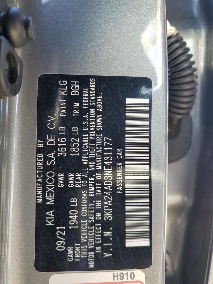 2022 KIA RIO LX VIN:3KPA24AD3NE431177