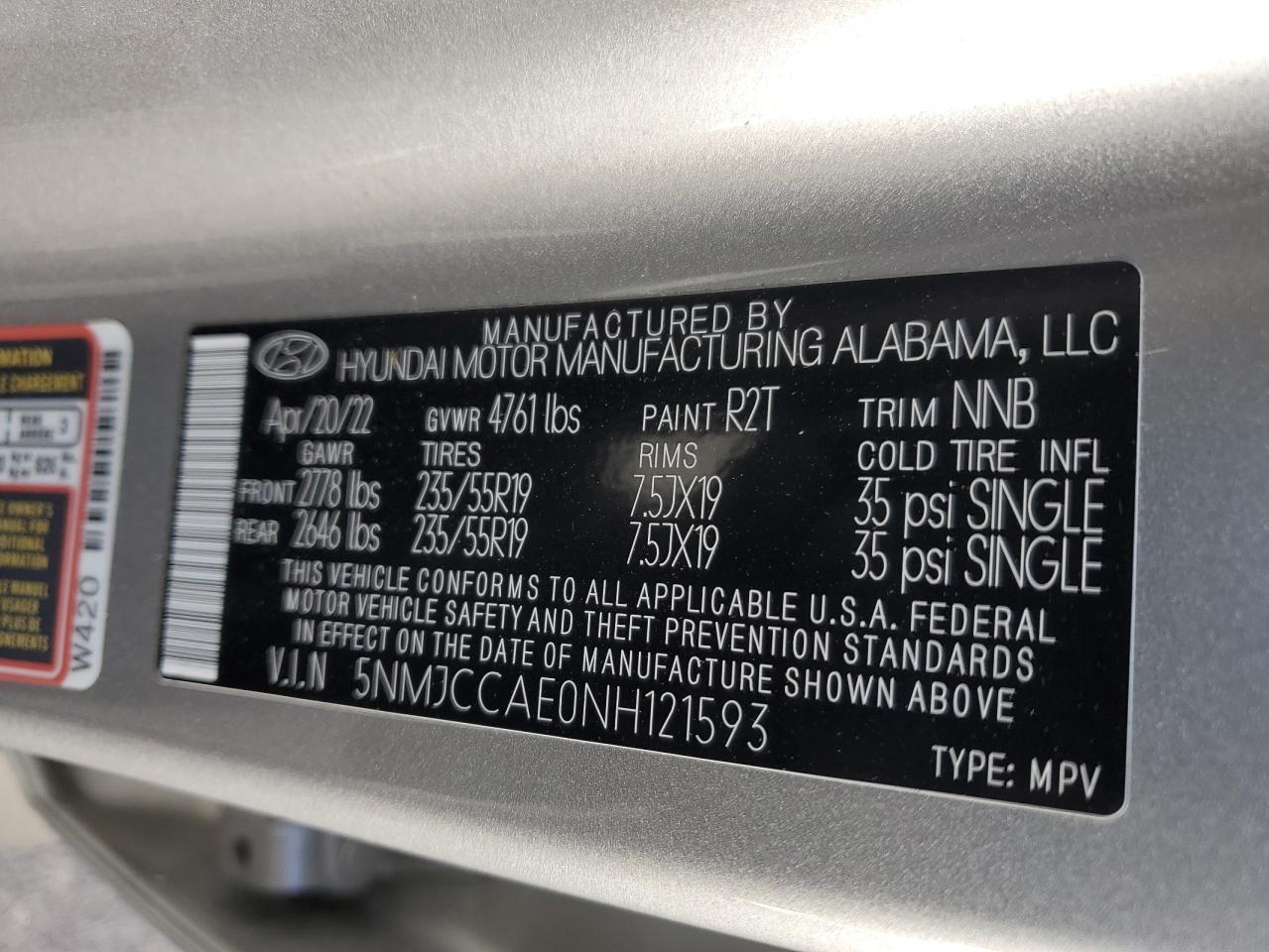 2022 HYUNDAI TUCSON SEL VIN:5NMJCCAE0NH121593