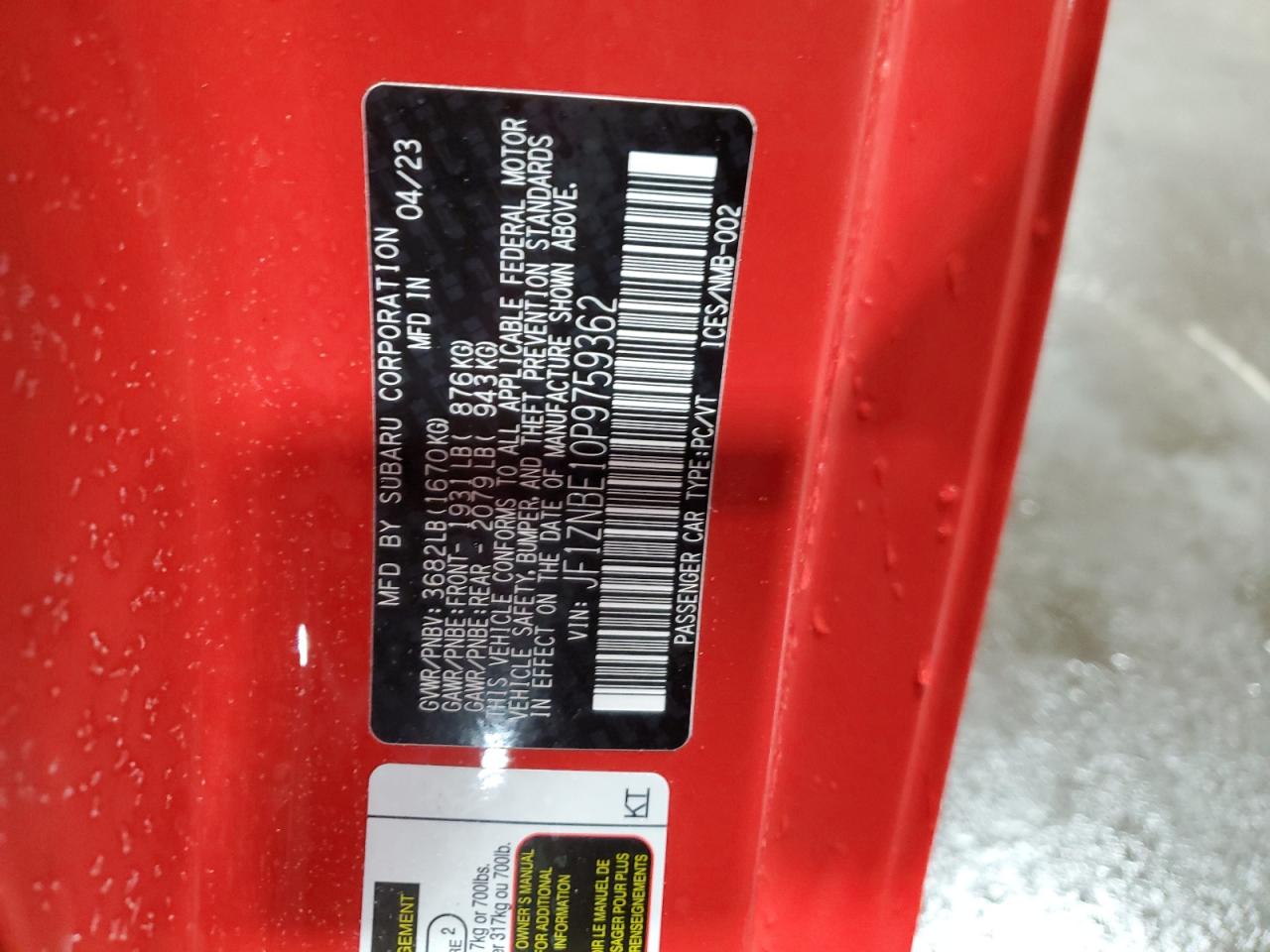 2023 TOYOTA GR 86 PREMIUM VIN:JF1ZNBE10P9759362