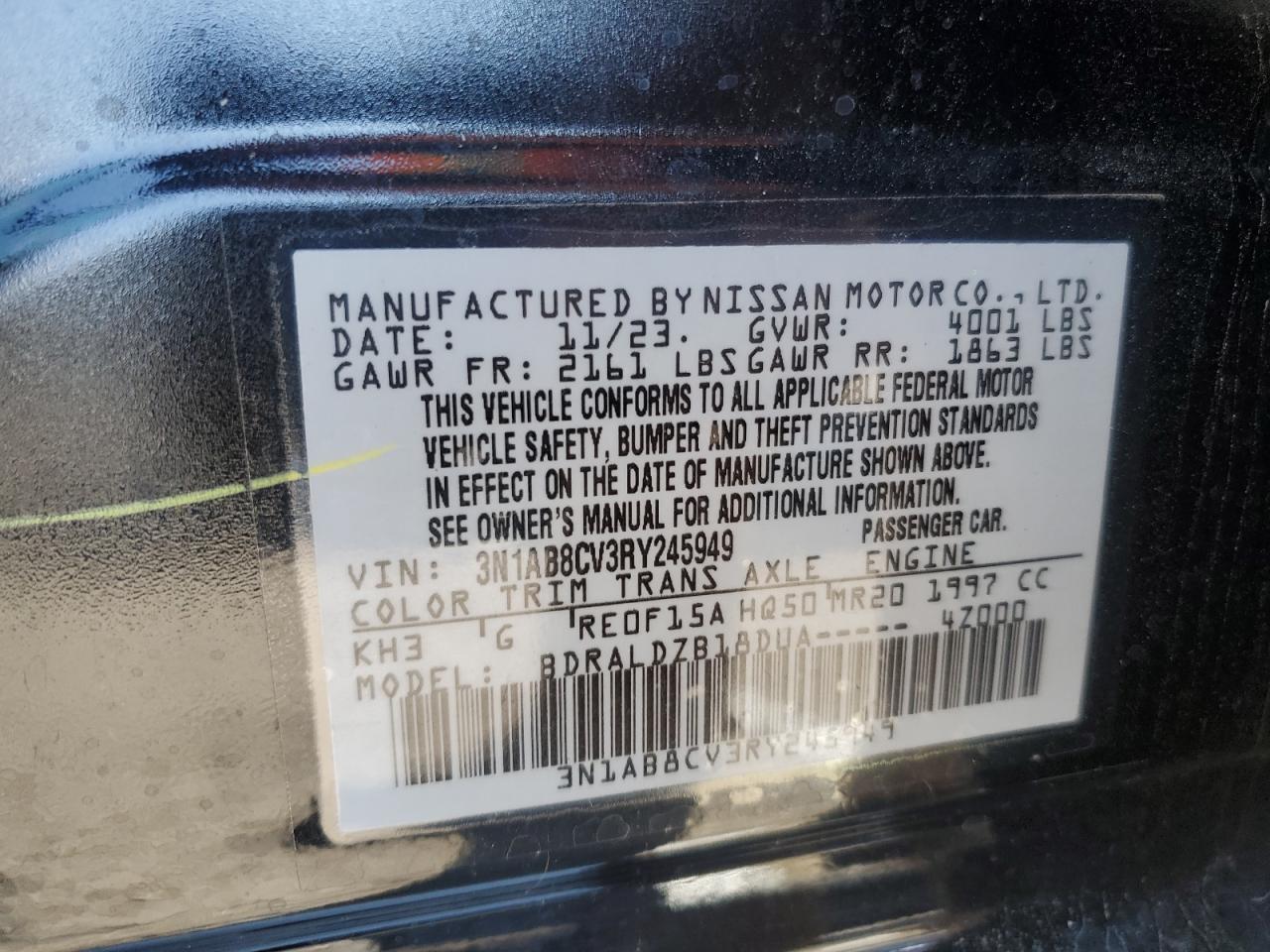 2024 NISSAN SENTRA SV VIN:3N1AB8CV3RY245949