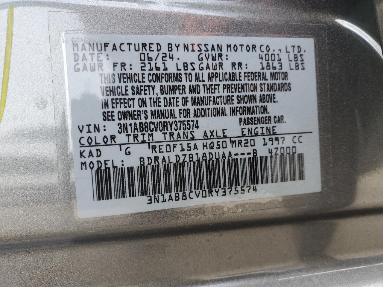 2024 NISSAN SENTRA SV VIN:3N1AB8CV0RY375574